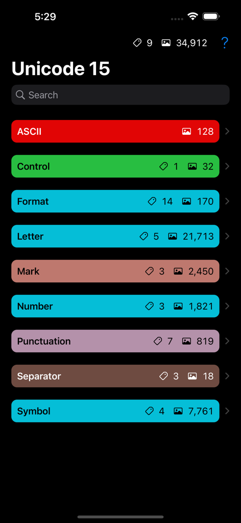 The main interface of the Technicode app displaying searchable Unicode 15 categories like ASCII Letter and Symbol