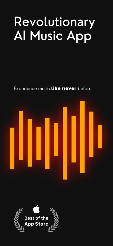 Soundify - AI Song Maker - Revolutionary AI music app splash screen with an orange audio waveform and Best of the App Store badge