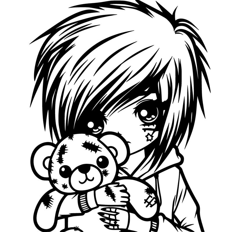 emo girl holding a ripped teddy bear