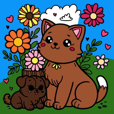 cute cat with flowers with a puppy too