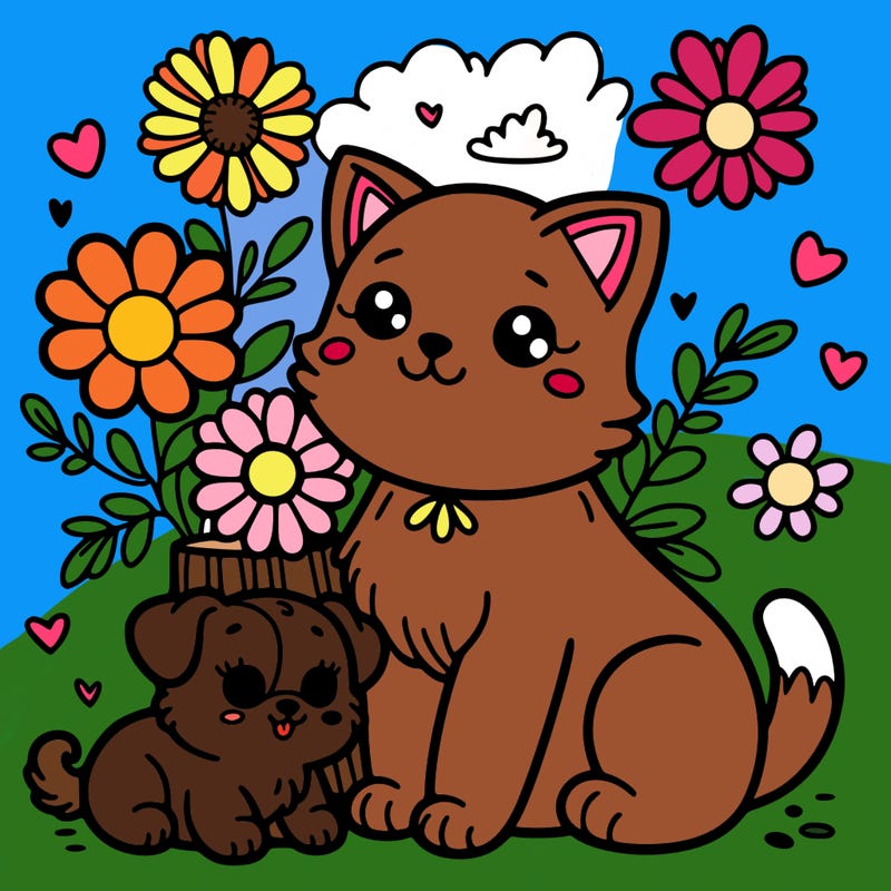 cute cat with flowers with a puppy too