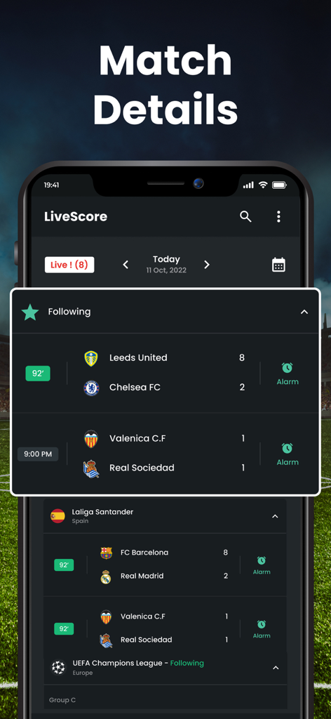 Live soccer scores and match details interface on a mobile phone