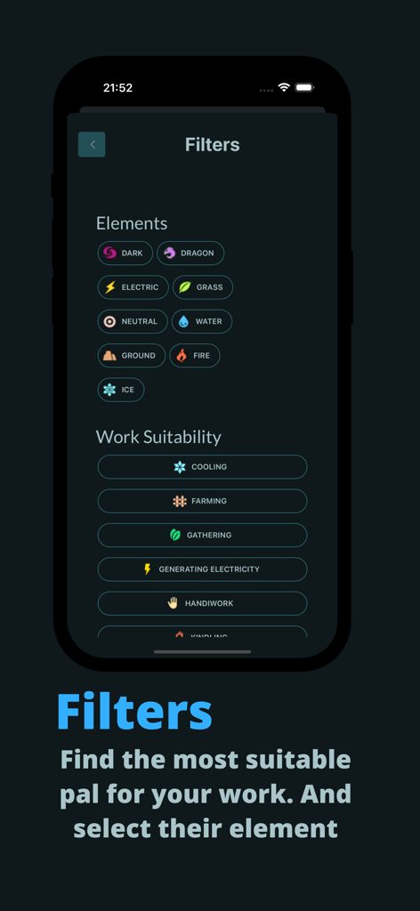 Paltopia: Pal tools & Map - Paltopia app filters screen showing elements and work suitability options