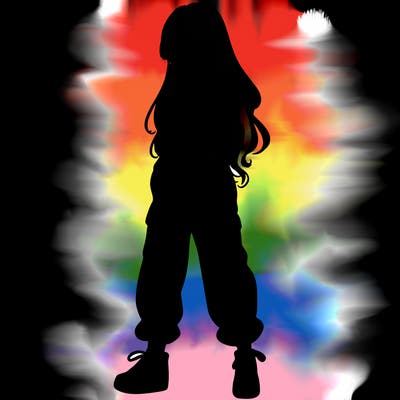 girl in baggy pants crop top and long hair