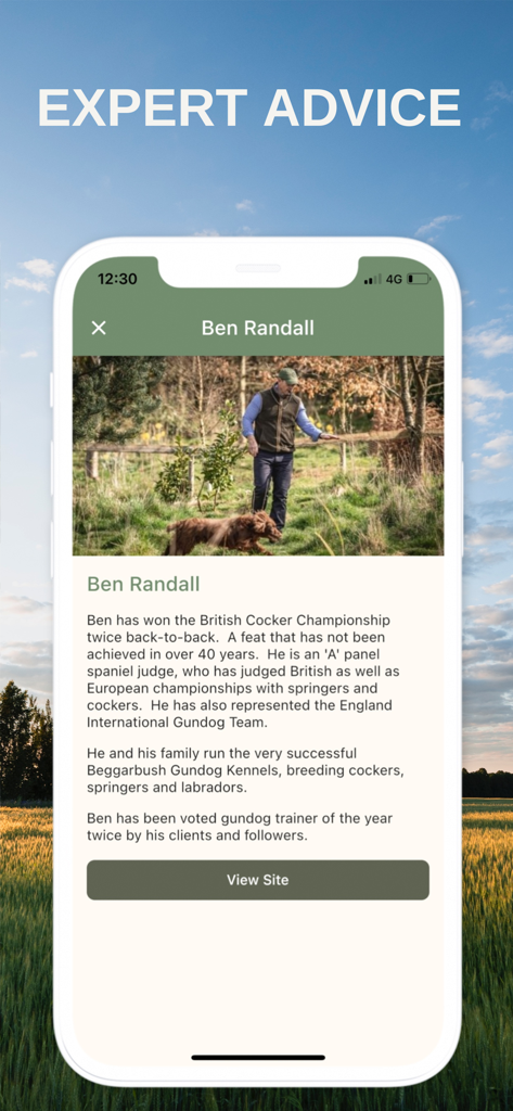 Gundog 앱 내 전문가 건독 트레이너 Ben Randall의 프로필 페이지는 그의 전문적인 배경과 훈련 성과를 보여줍니다.