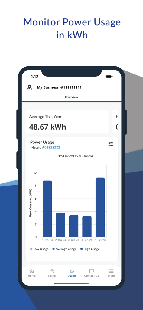 MGVCL Smart Meter - MGVCL Smart Meter app screen showing daily electricity consumption with a bar chart and yearly average in kWh.