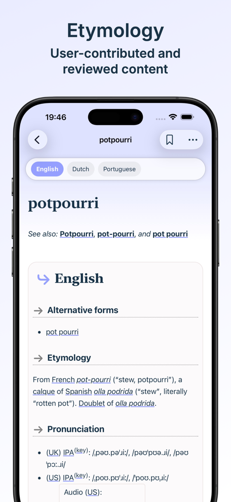 Interface of WikiDee app showing the etymology and pronunciation of the word potpourri