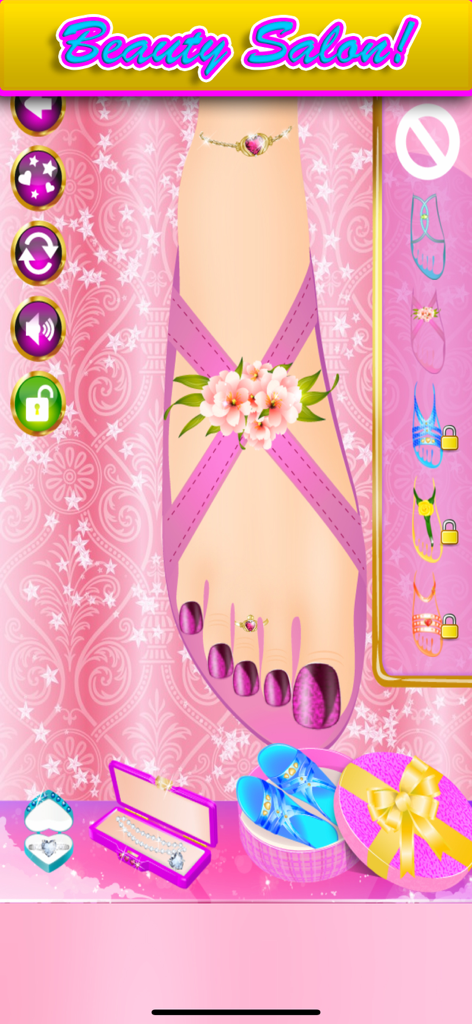 Princess Nail Spa & Salon - Un pie decorado con esmalte de uñas rosa brillante, sandalias florales y joyas en un juego de salón de belleza.