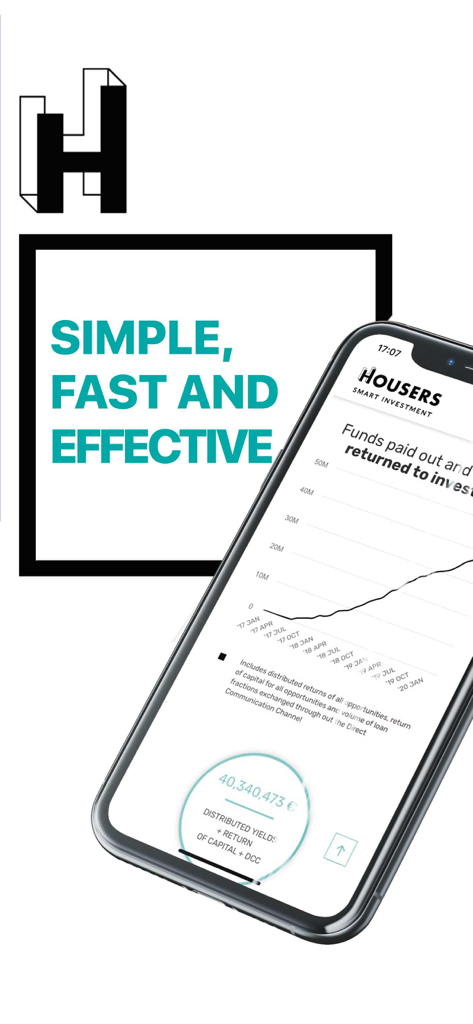 Smartphone displaying the Housers app with a growth chart of funds returned to investors