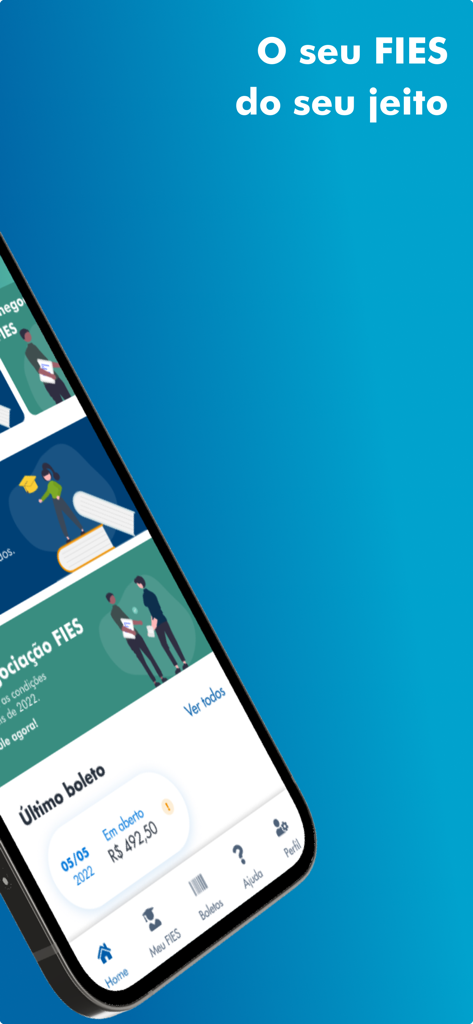 Um smartphone exibindo o painel do aplicativo móvel Fies Caixa com detalhes de pagamento do empréstimo estudantil e opções de navegação