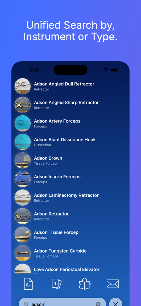 Surgical Instrumentation - Unified search results in the Surgical Instrumentation app showing a list of Adson surgical tools