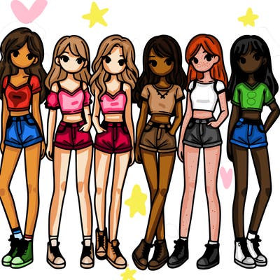 a group of girls wearing crop tops and shorts