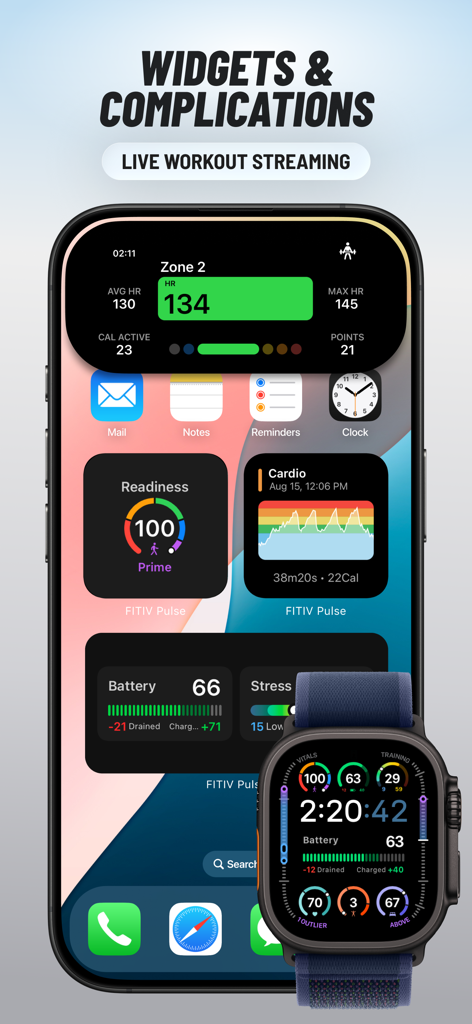 FITIV Pulse AI Workout Tracker - iPhone e Apple Watch che mostrano widget e complicazioni fitness FITIV Pulse, inclusi punteggio di prontezza e zone di frequenza cardiaca