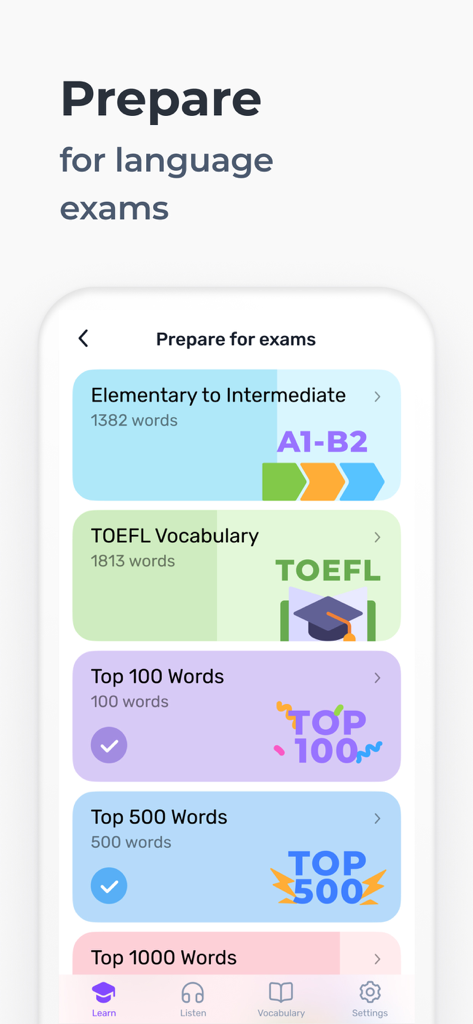 WRD - Learn Words - Una lista de temas de preparación para exámenes de idiomas en la aplicación WRD que incluyen TOEFL y listas de frecuencia de palabras