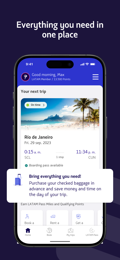 LATAM: Flights, Hotels, Cars - LATAM app home screen displaying flight details for Rio de Janeiro and baggage options.