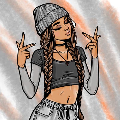 realistic teenage girl with braids and a beanie and crop top doing 🫶🏼