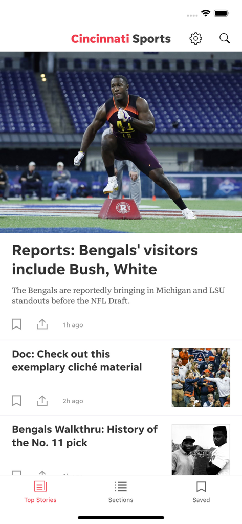 Cincinnati Sports - Cincinnati Sports mobile app interface showing local sports news headlines and stories about the Bengals