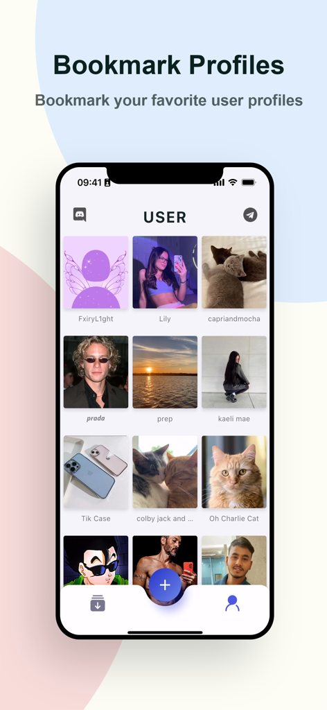 Tikcd app interface showing a grid of bookmarked user profiles