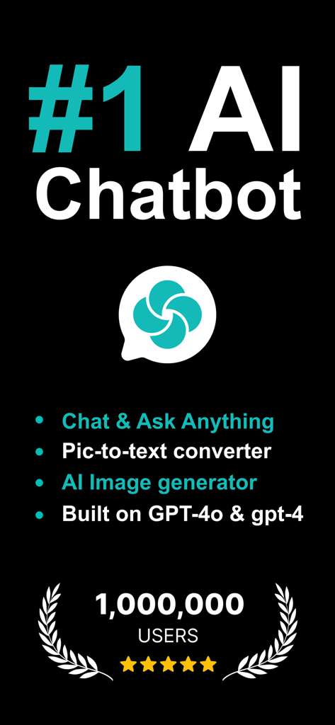 Pantalla promocional de la aplicación Super AI Chatbot que muestra características clave como chat, convertidor de imagen a texto y generador de imágenes IA con un hito de un millón de usuarios.