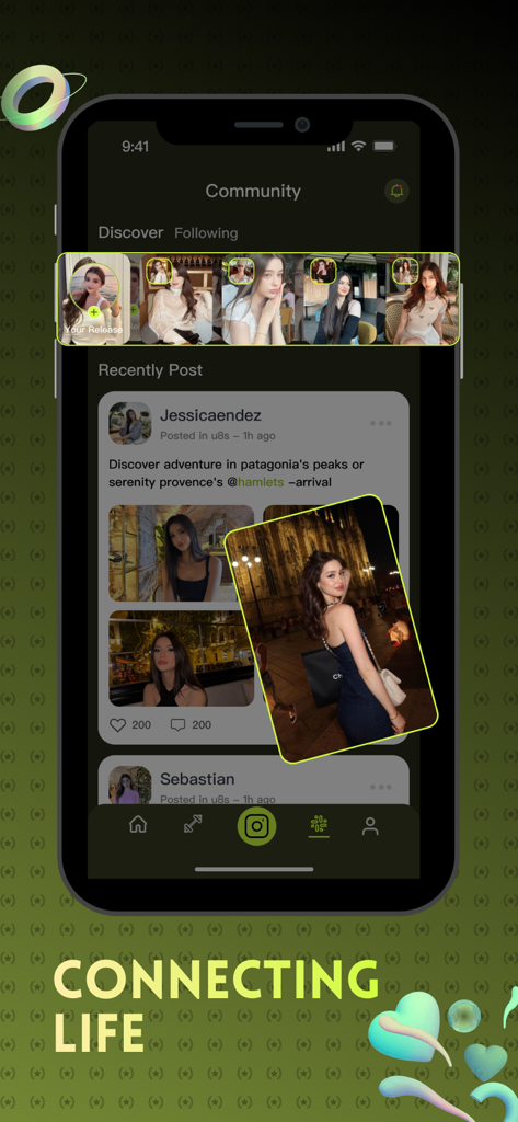 Yomo: Connect, Share, Grow - Yomo App Social Community Bildschirm mit Nutzergeschichten und Foto-Posts