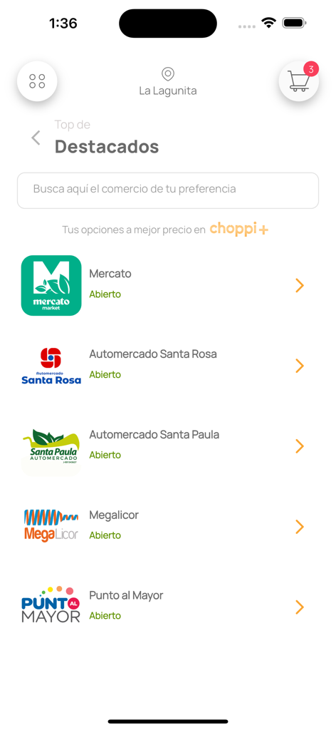 Choppi - Tela do aplicativo Choppi mostrando uma lista de mercados e lojas de supermercado em destaque disponíveis para pedidos