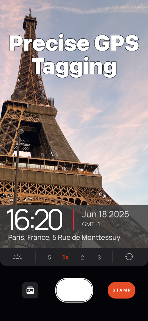 Timestamp camera app screen showing precise GPS location and time stamp on a photo of the Eiffel Tower