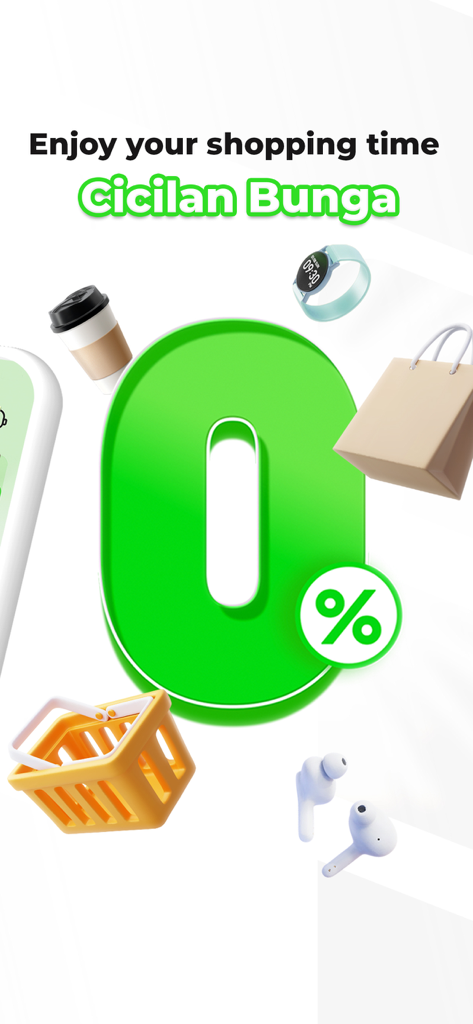 Promotional graphic showing zero percent interest installments for shopping items like coffee and gadgets