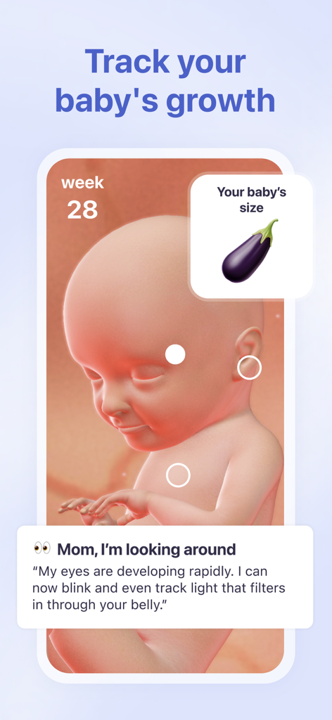Interfaccia dell'app Femia che mostra la crescita interattiva del bambino in 3D alla settimana 28 con confronto di dimensioni a una melanzana
