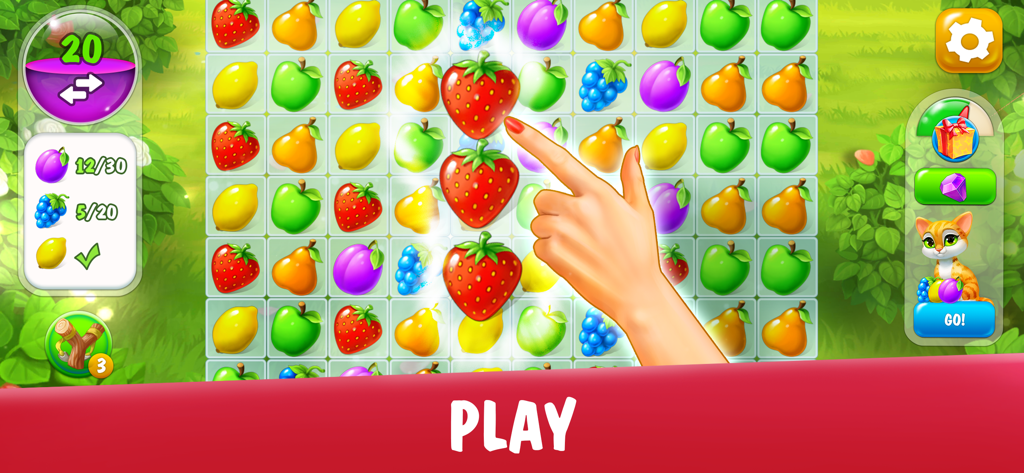 Garden Pets: Home Decorate - Jugabilidad de Garden Pets mostrando un puzle de match-3 de frutas y un lindo gatito.