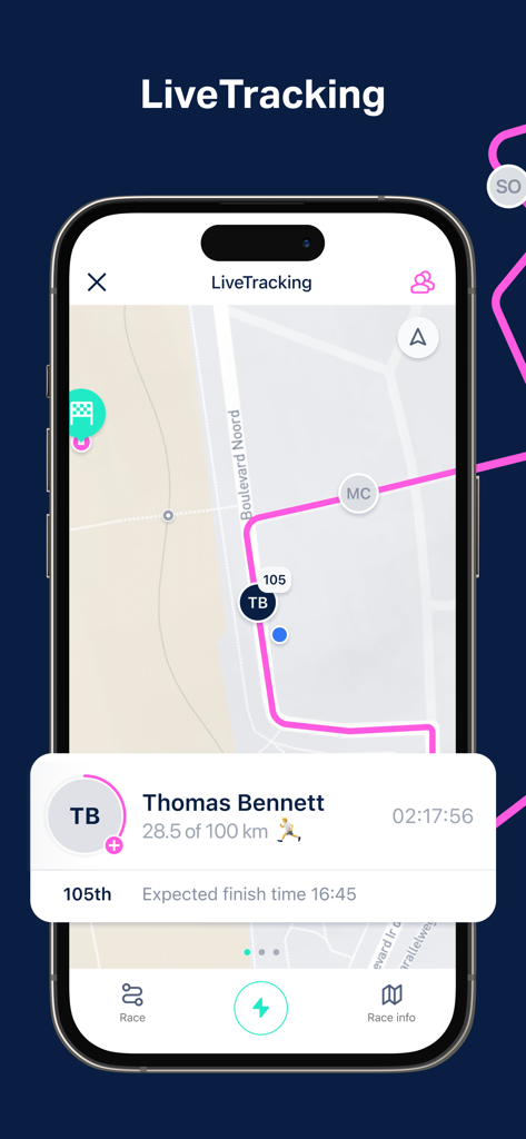 Ultrahélike - Ultrahélike mobile app interface showing live tracking of a runner on a map with distance and expected finish time