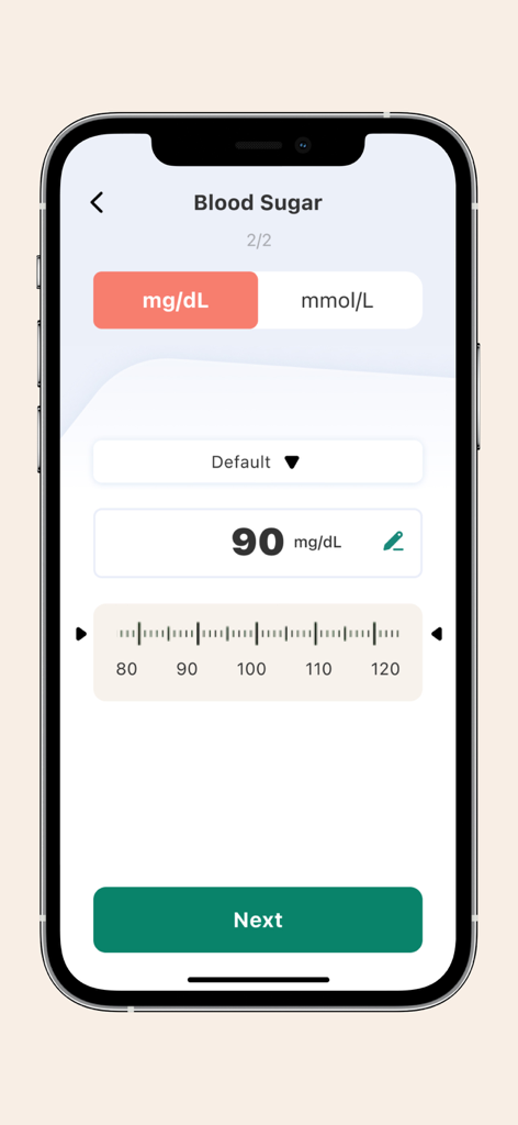 Health Life - BloodSugar & BP - A mobile interface for tracking blood sugar levels in the Health Life app showing a reading of 90 mg dL