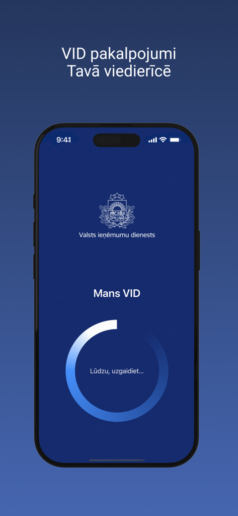 Mans VID - Mans VIDモバイルアプリのローディング画面。ラトビア国家歳入庁のロゴと進行状況スピナーが表示されます。
