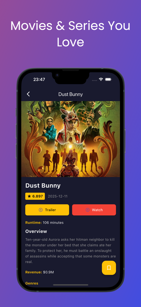 MovieMx : Movies & Tv Shows - MovieMxアプリに、映画「ダストバニー」の評価、予告編ボタン、概要などの映画詳細が表示されています。