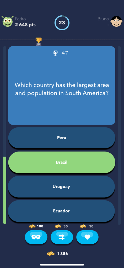 Pregunta de trivia de geografía sobre Sudamérica con opciones de respuesta múltiple en la aplicación Trivial Multiplayer Quiz