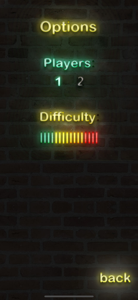 Tic Tac Toe - FULL GAME - Menú de opciones del juego Tic Tac Toe con texto de neón que muestra la selección de jugador y la barra de dificultad sobre un fondo de ladrillo oscuro