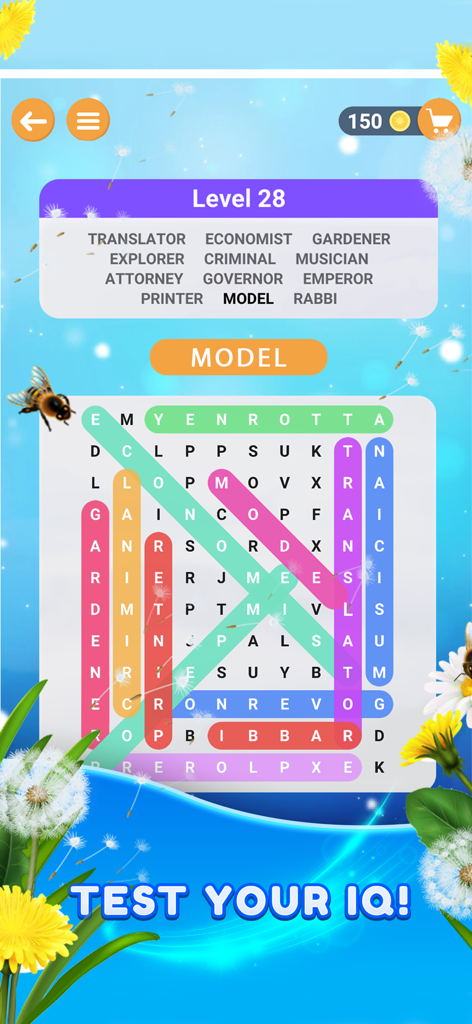 A colorful mobile word search puzzle interface showing a grid of letters with found words highlighted and a floral background.