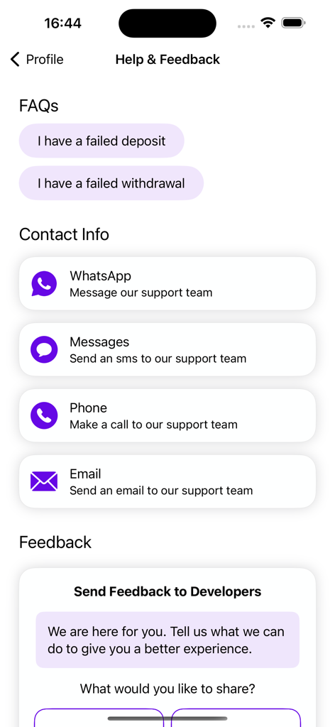 D-CASH - Help and feedback screen of the D-CASH app featuring FAQs and support contact options