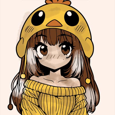 anime girl with chick shaped hat with sweater with bare shoulders with bangs covering them one eye with low tail