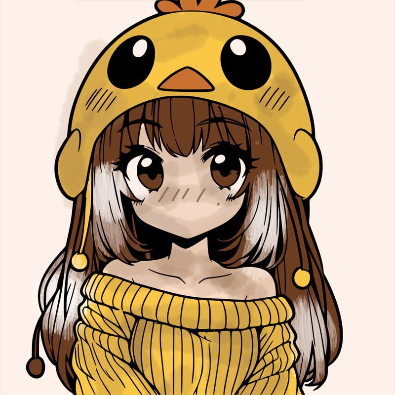 anime girl with chick shaped hat with sweater with bare shoulders with bangs covering them one eye with low tail