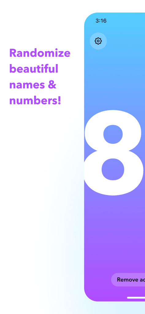 Pretty Random - RNG - Pretty Random RNG app interface with a purple gradient background and a large white number eight