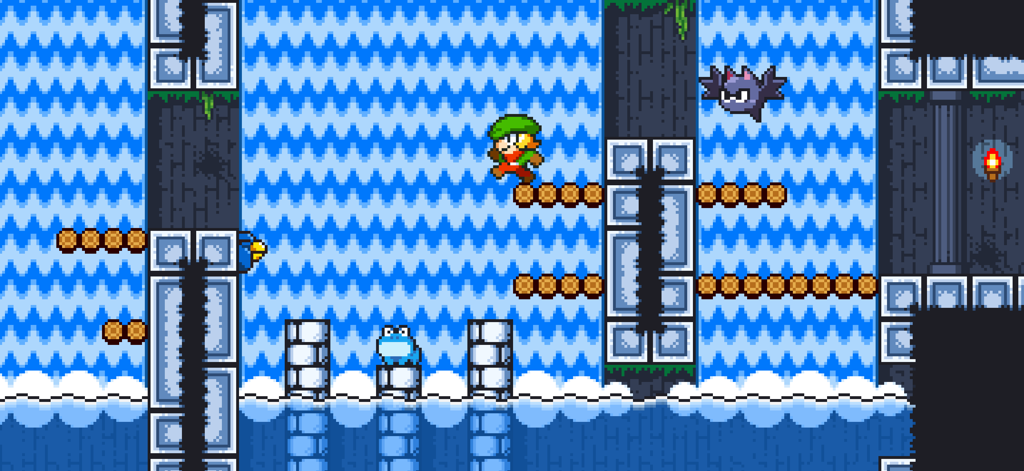 Tiny Dangerous Dungeons Remake - Retro pixel art gameplay showing Timmy jumping between wooden platforms in a blue themed dungeon with a bat enemy