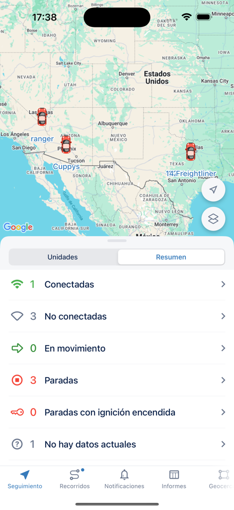 GPS7000 Pro App-Oberfläche, die eine Karte mit Fahrzeugstandorten und ein Flottenstatus-Übersichtsdashboard anzeigt