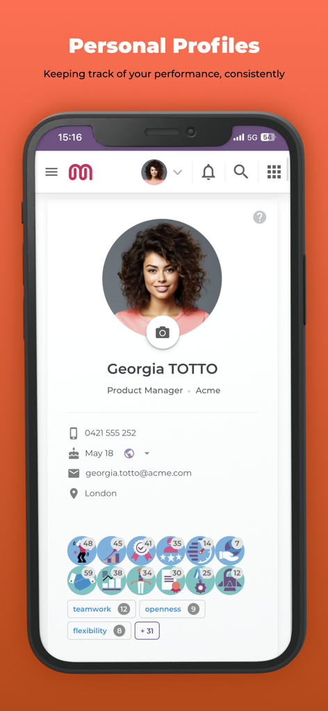 Screenshot of the Mirro.io mobile app displaying a personal employee profile with contact info, performance metrics, and skill badges.