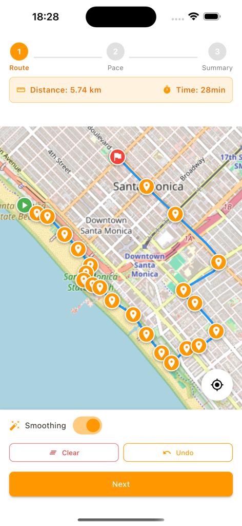 Fake Run Generator - GhostRun - GhostRun app interface for selecting a virtual running route on a street map