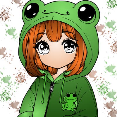 cute realistic girl in a froggy hoodie