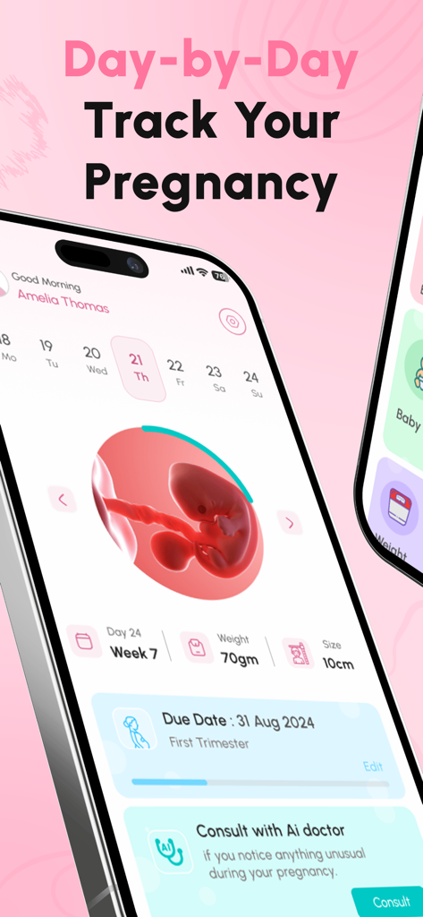 Smartphone screen of the Pregnancy Tracker app showing a 3D model of a fetus and pregnancy milestones