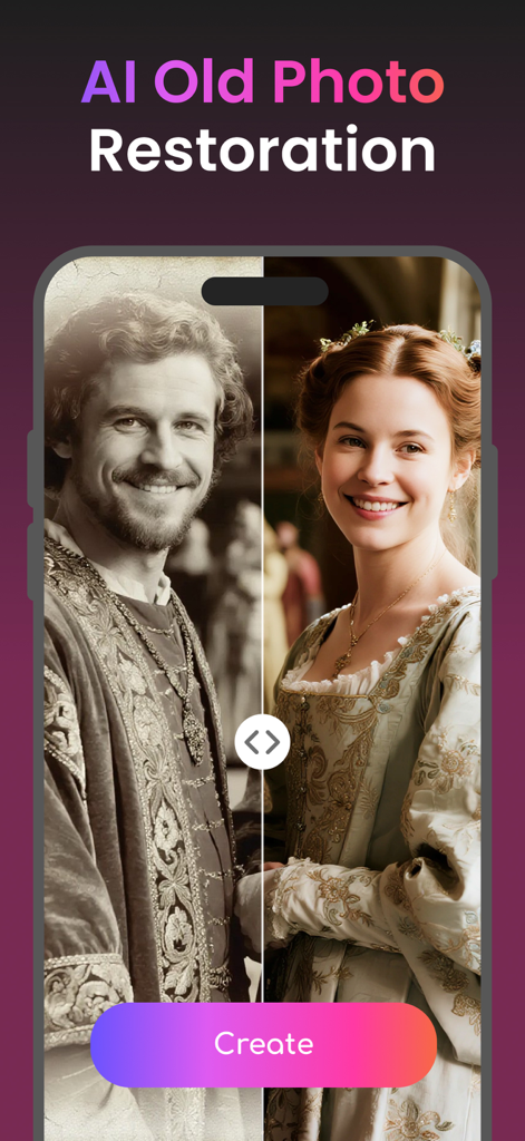 AI old photo restoration feature showing a before and after comparison of a historical portrait