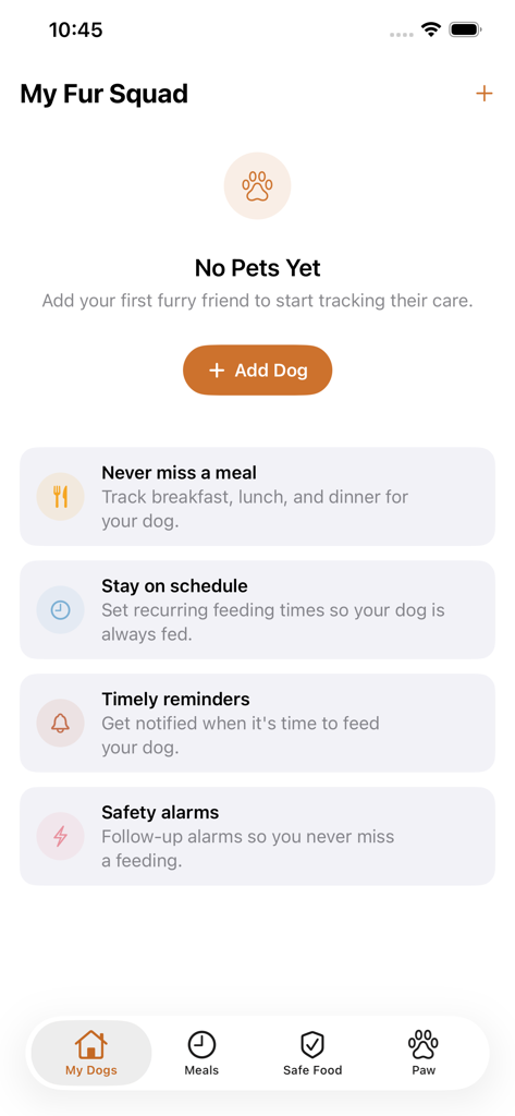 Empty dashboard of the Feed My Dog app featuring an Add Dog button and highlights for meal tracking and reminders