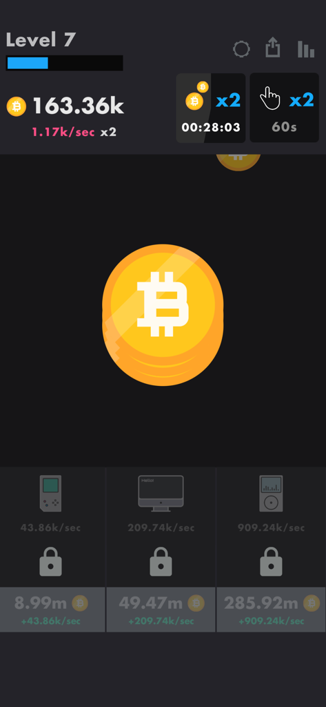 Bitcoin! - A screenshot of the Bitcoin clicker game showing a central gold coin to tap and upgrade options below