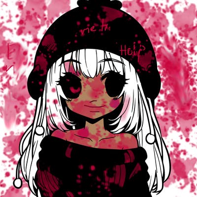 anime girl with chick shaped hat with sweater with bare shoulders with bangs covering them one eye with low tail